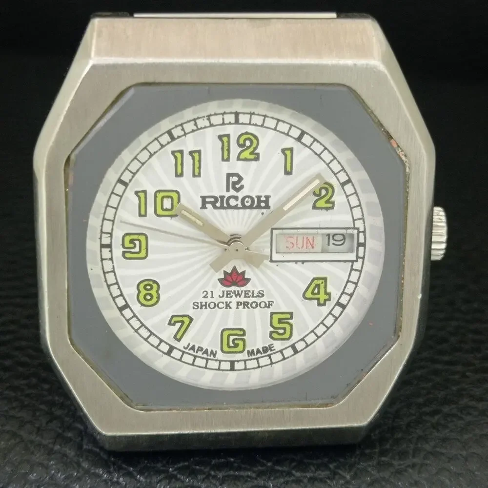 Vintage 1986 Ricoh Automatic Mens Silver Watch W/daydate & Green accents
